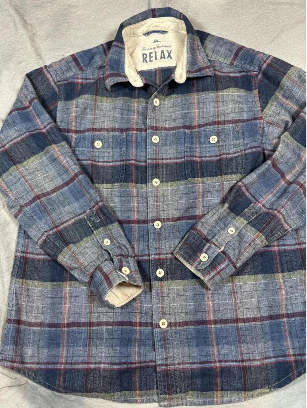 Tommy Bahama RELAX Textured Plaid Button Up Shirt Blue Heritage Workwear